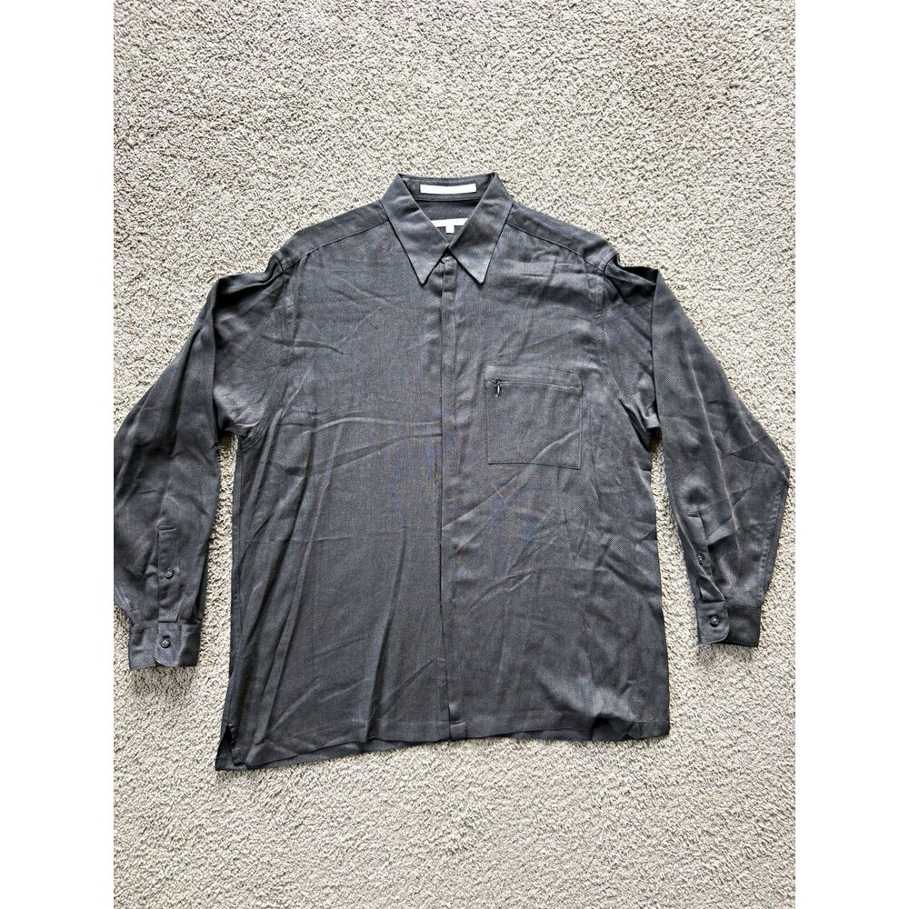 Perry Ellis Mens L Regular Fit Modal Rayon Wool Solid Gray Dress Shirt Pockets
